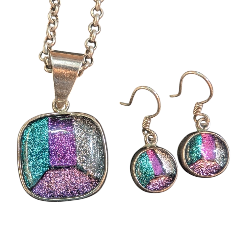 Sterling Silver Hand Crafted Dichroic Fused Glass Pendant & Earring Set